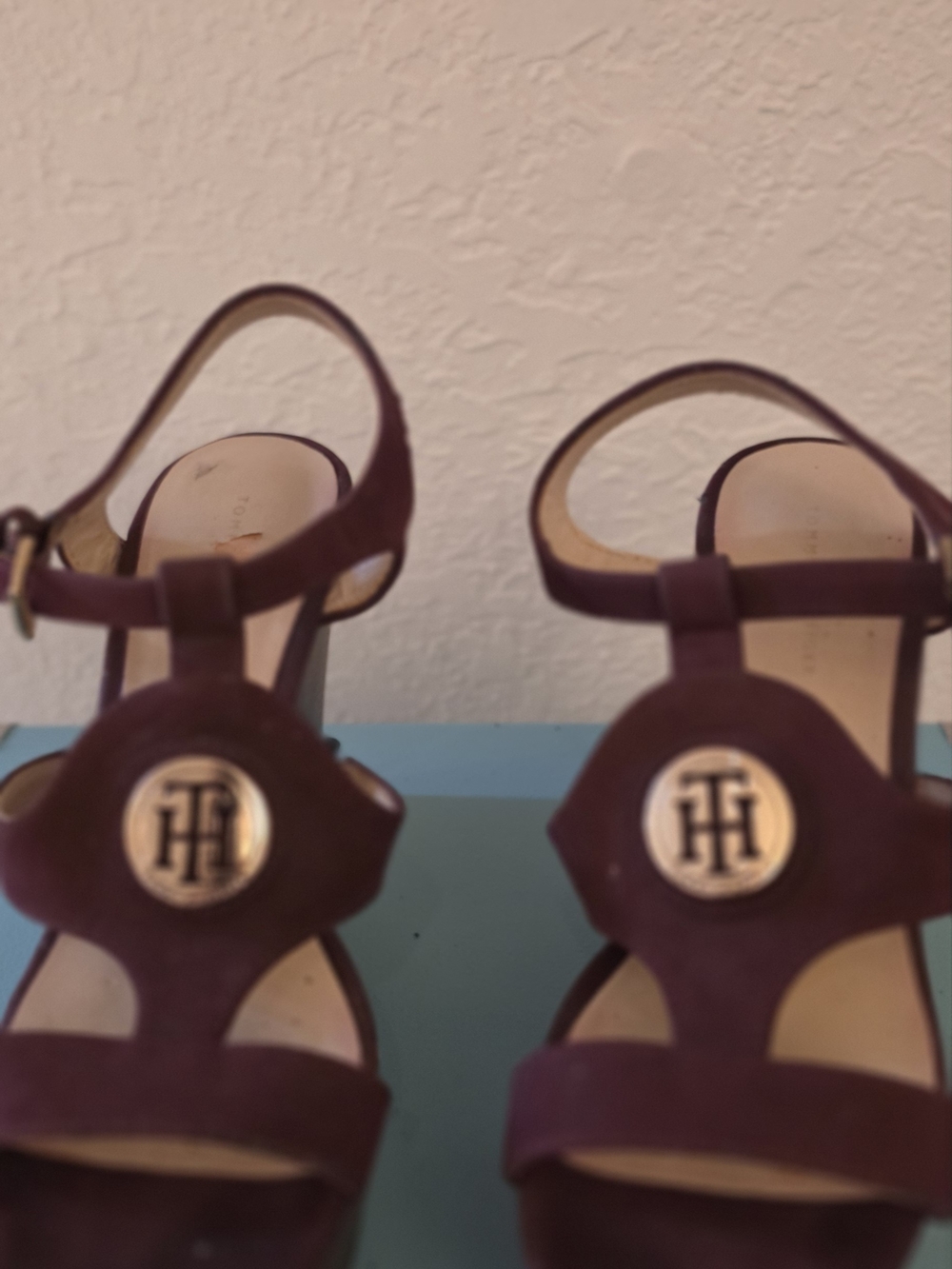 Tommy Hilfiger Women's Burgundy Suede T-Strap Heels with Gold Logo